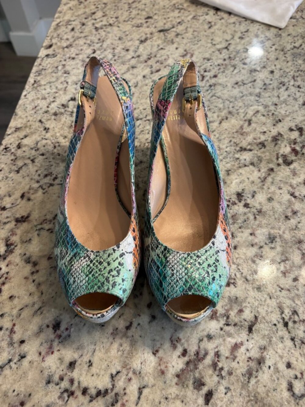 Stuart Weitzman Multicolor Snake-Embossed Wedge Sandals 8.5